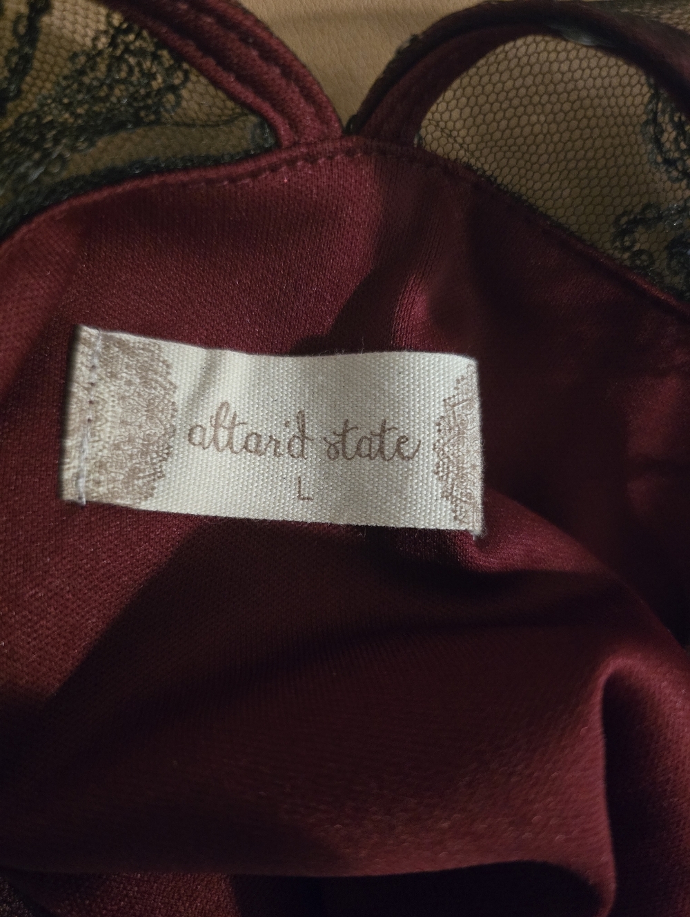 Altar'd State Embellished Halter Party Dress in Deep Burgundy and Black Lace - Picture 9 of 9